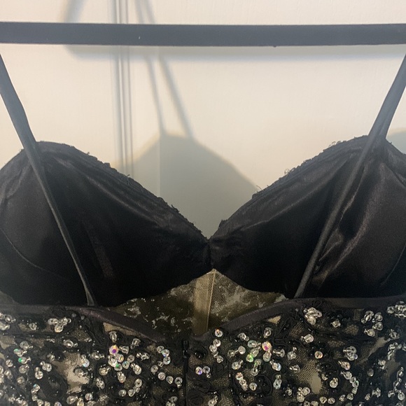 Black Lace Asymmetrical Gem Covered Dress with Nude Underlay - Picture 8 of 8